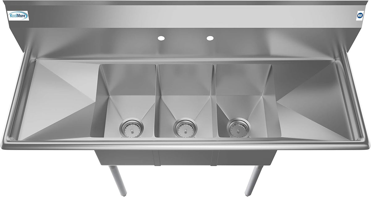 KoolMore - SC101410-12B3 3 Compartment Stainless Steel NSF Commercial Kitchen Sink with Right and Left Drainboards - Bowl Size 10" x 14" x 10", Silver