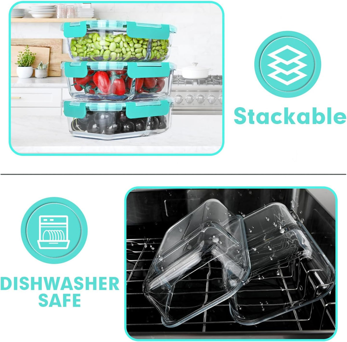 VERONES 10 Pack Glass Meal Prep Containers - 2 Compartment Set, 30 OZ Airtight Glass Lunch Containers with Lids, for Microwave, Oven, Freezer & Dishwasher Friendly, Green