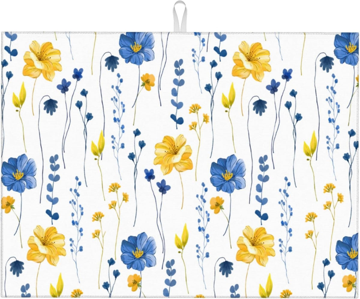 Watercolor Floral Decorative Microfiber Dish Drying Mat for Kitchen Counter 18"x24" Navy Blue Yellow Flower Dishes Pad Dish Drainer Rack Mats Absorbent Washable Reusable