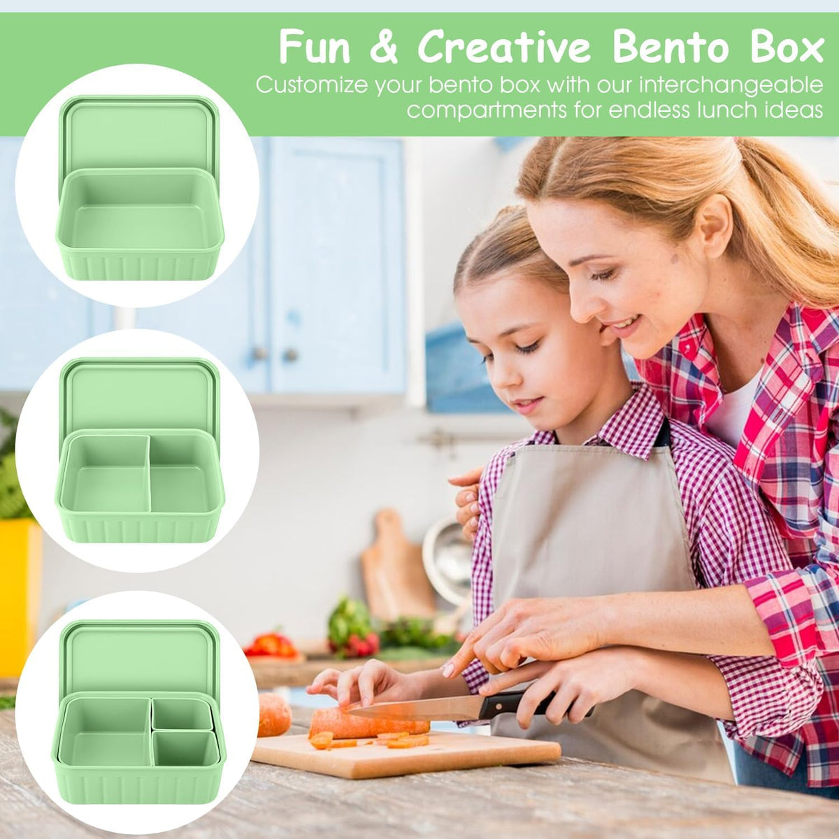 Bento Lunch Box for Kids-Reusable Silicone Kids Bento Box Lunch Container Leakproof Lunchbox Meal Prep Food Storage Containers with 3 Removable Compartments–Dishwasher Safe/BPA Free/Portion Control