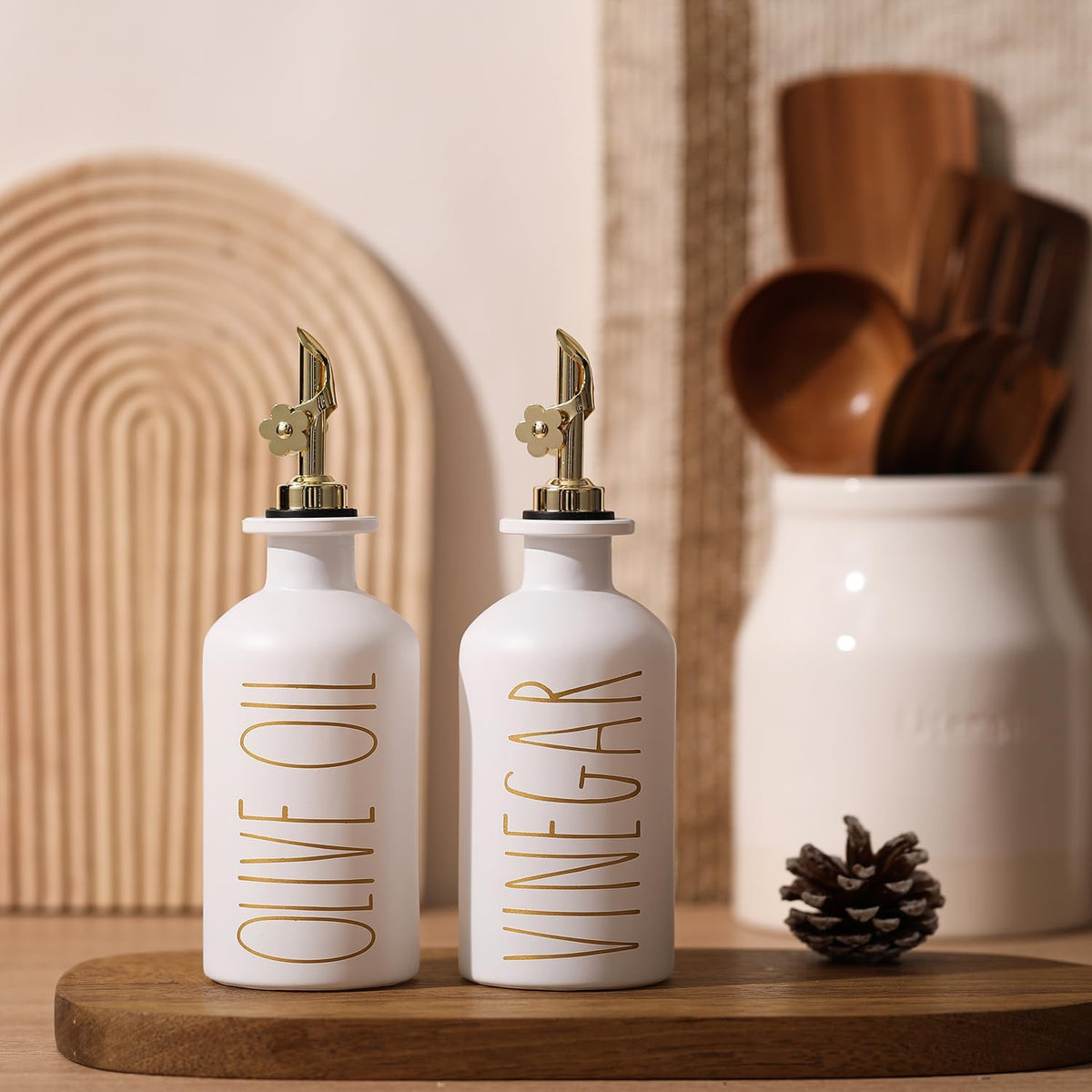 HOMCDALY Premium Olive Oil Dispenser for Kitchen, 11.8oz Glass Oil Bottles with Bamboo Tray, White and Gold Oil&Vinegar Cruet Set, Kitchen Dispenser Bottles with Pourer| Set of 2 (11.8oz –P–Gold)