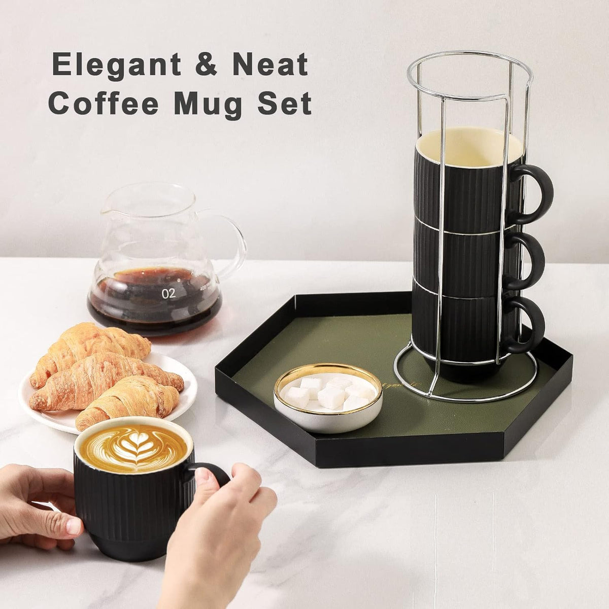 Hasense Black Coffee Mug Porcelain Set of 4 with Rack - 12 oz Stackable Coffee Cups Ceramic, Modern Ribbed Latte Cup Sets for Cappuccino, Tea, Espresso, Hot Cocoa, Drinks - Dishwasher & Microwave Safe