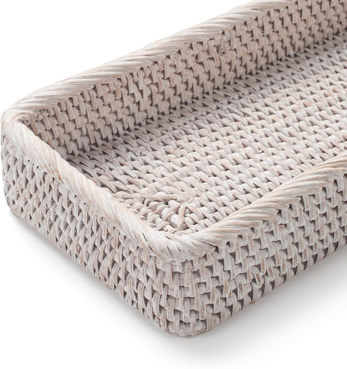 Rattan Bathroom Vanity Trays Toilet Tank Baskets Long Narrow Hand Towel Storage Basket for Storage, Decorative (Whitewash 16.3 x 6.1 x 2 inch)