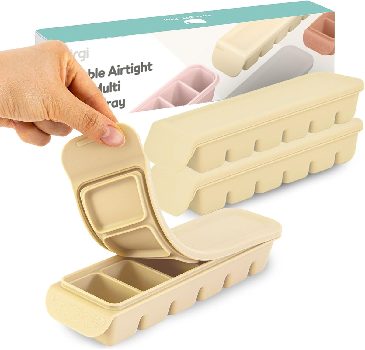 Silicone Freezer Trays with Lid,2ea 1oz 6 Section-Leak Proof Silicone Freezer molds for Homemade Baby Food Breastmilk, Purees, Vegetables, Fruit, Baby Food Jars Ice Tray with Lid BPA Free Beige