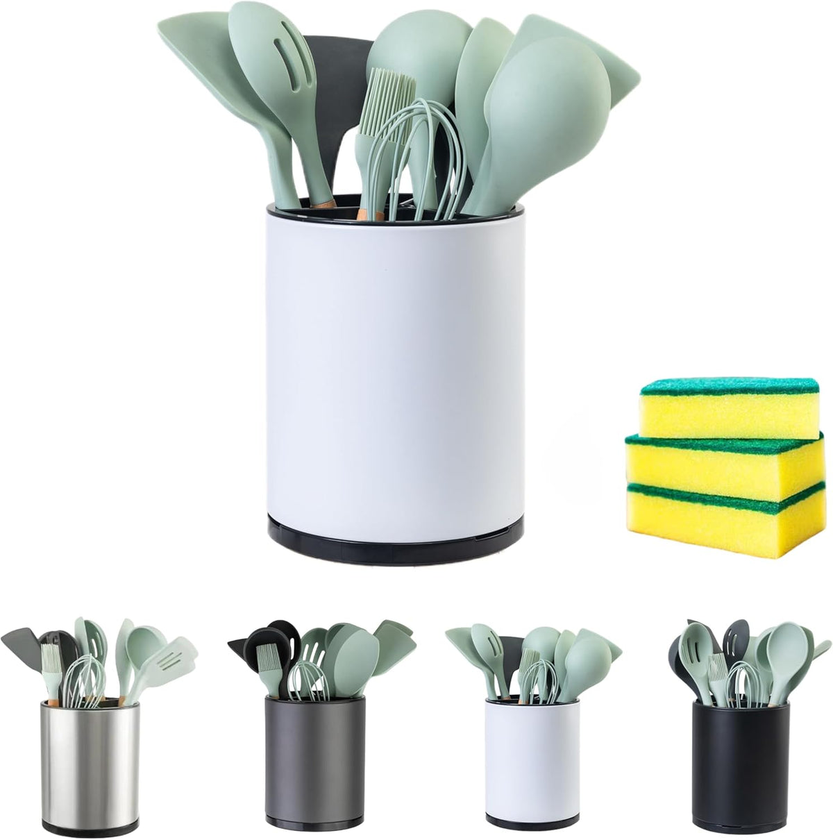 Utensil Holder,4-in-1 Large Kitchen Utensil Holder For Counter,Rotating Silverware Organizer Cooking Flatware Spoon Spatula Tool Cutlery Container Stainless Steel Caddy