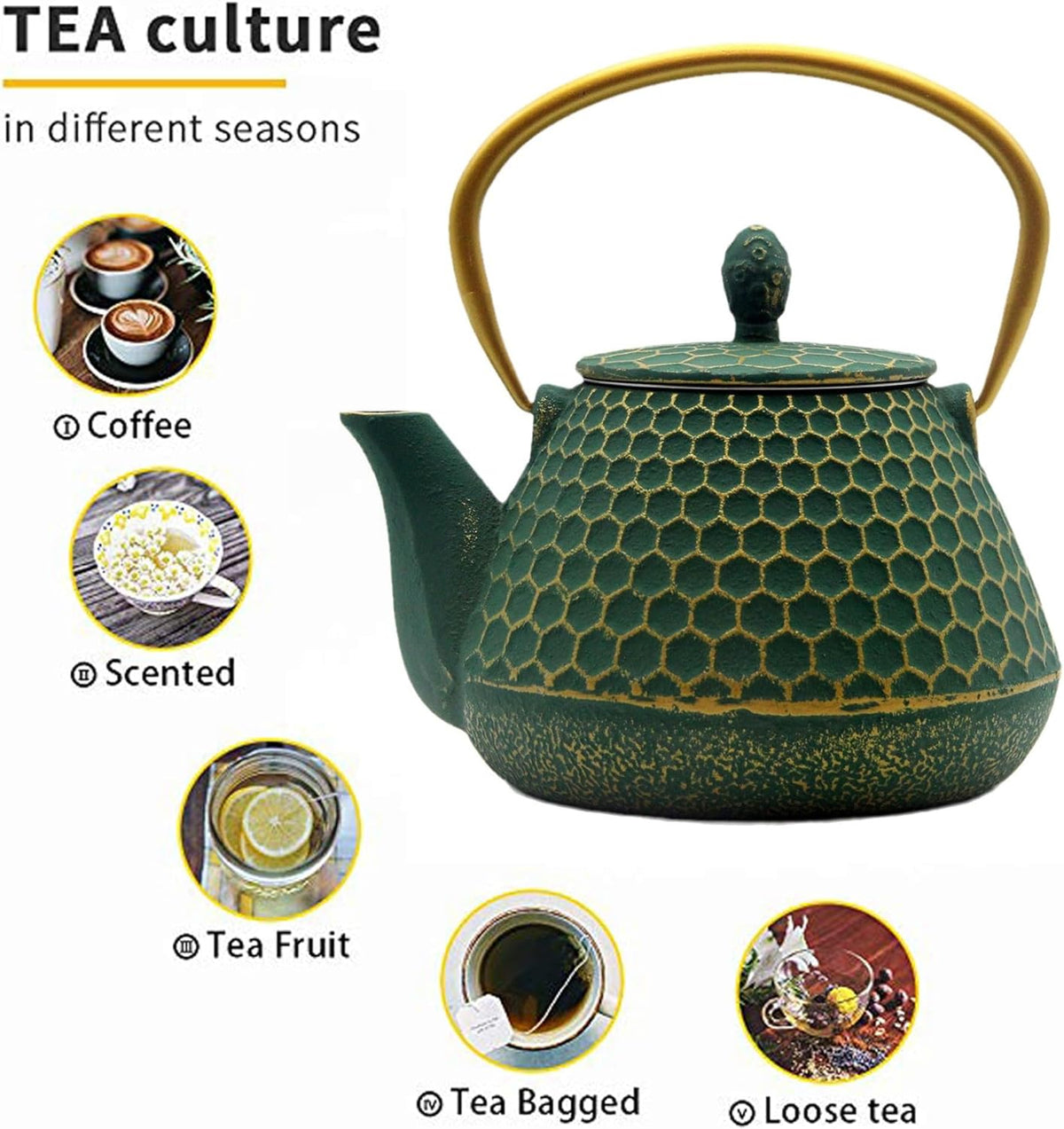 Cast Iron Tea Kettle Set, 33.8oz Hexagon Pattern Teapot Set with Cups, Teapot Coated with Enameled Interior, Durable Cast Iron Teapot Set with Stainless Steel Infuser