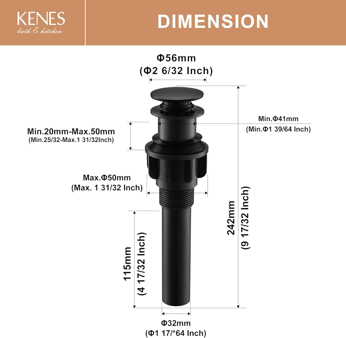 KENES Bathroom Vessel Sink Pop Up Drain Without Overflow Assembly, Lavatory Vanity Sink Drain Stopper, Anti-Clogging Drain Strainer, Matte Black, KE-P300A-2