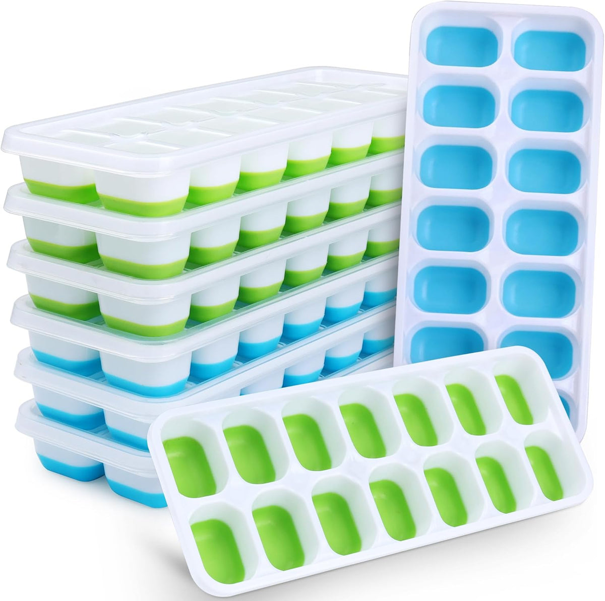 Silicone Ice Cube Tray, 8 Pack Easy-Release & Flexible 14-Ice Cube Trays with Spill-Resistant Removable Lid, Stackable Ice Trays with Covers for Freezer, Cocktail (4 Blue + 4 Green)