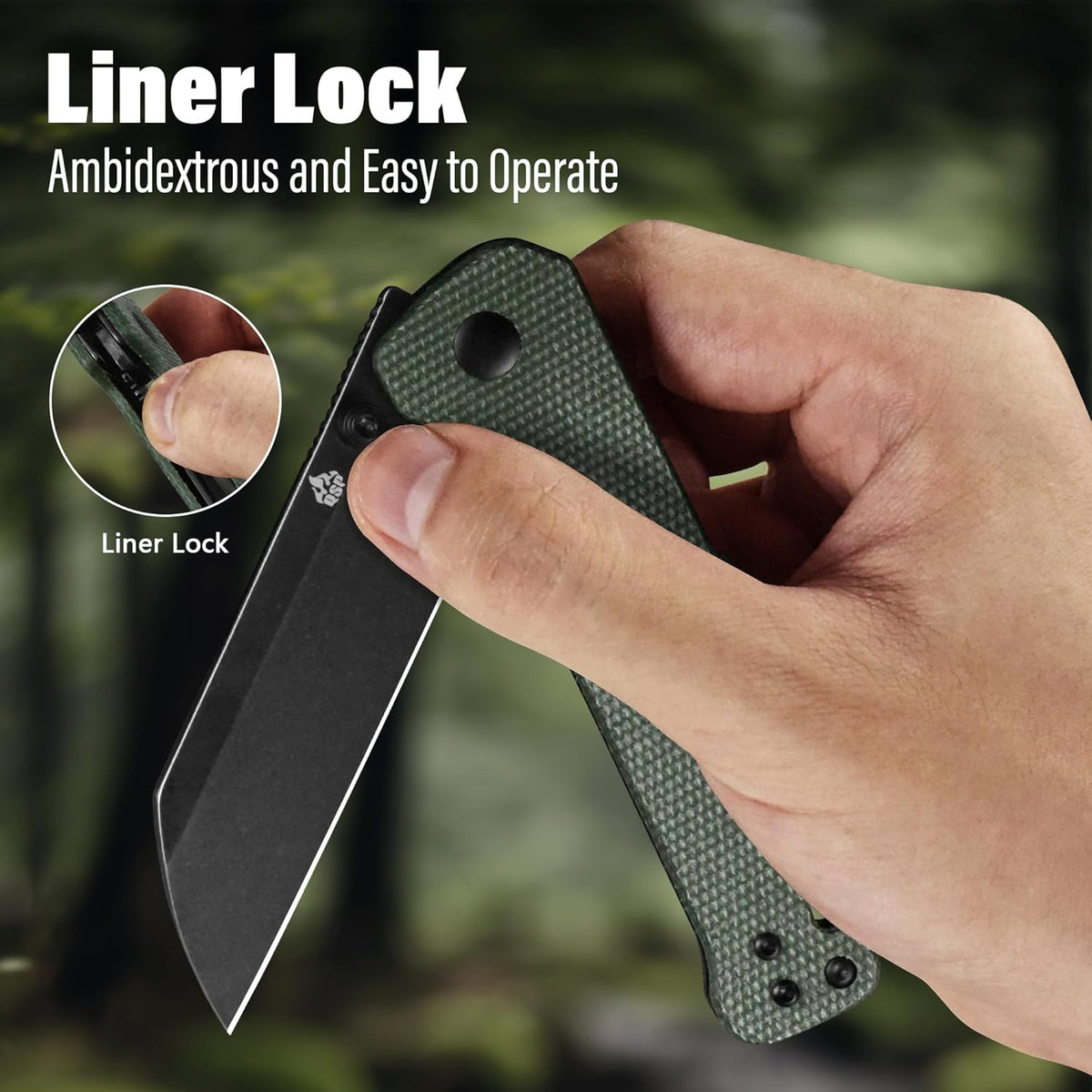 QSP Penguin V2 Folding Pocket Knife, 3.06" D2 Black Stonewash Blade EDC Knife, Green Micarta Handle, Liner Lock, Ceramic Ball Bearings, Reversible SS Deep Carry Clip