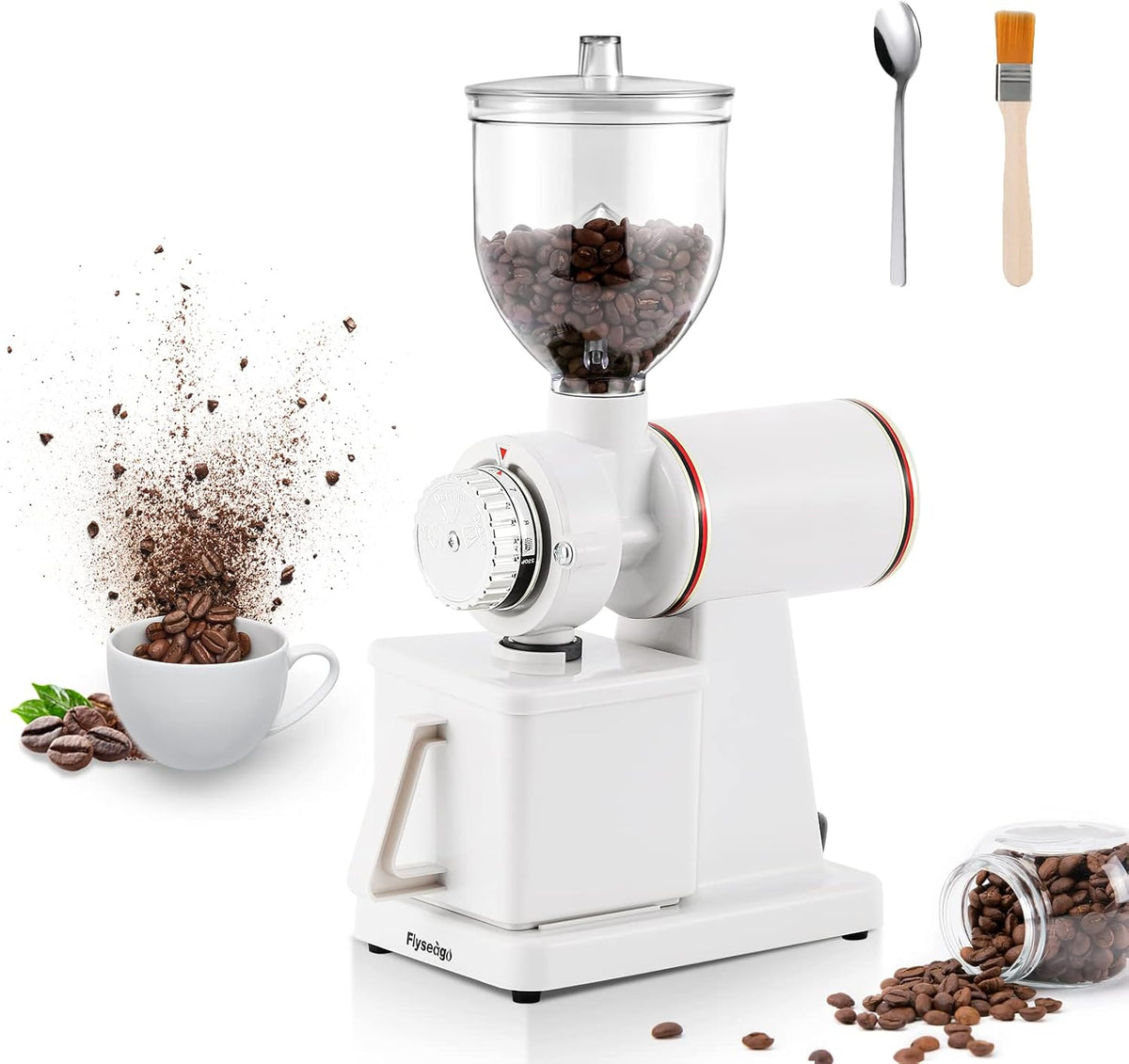 Burr Coffee Grinder Electric Espresso Grinder Commercial & Homeuse Silent Small Coffee Bean Grinder with Hopper Adjustable Grind, With Brush, Spoon, White