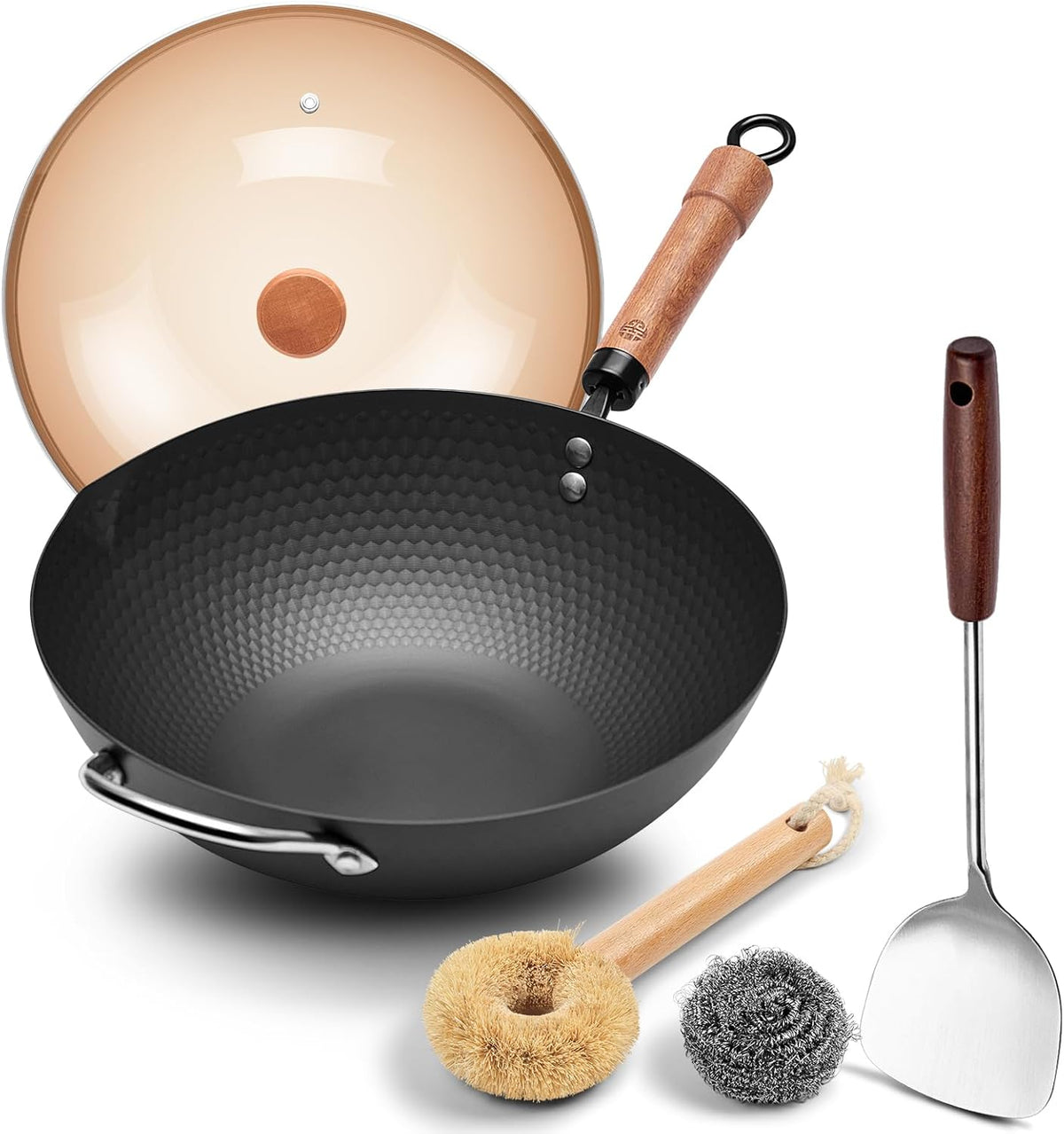 WANGYUANJI 12.6" Wok with Lid, Flat Bottom Nonstick Wok Pan for Induction Cooktop, Stir Fry Woks & Pans for Cooking