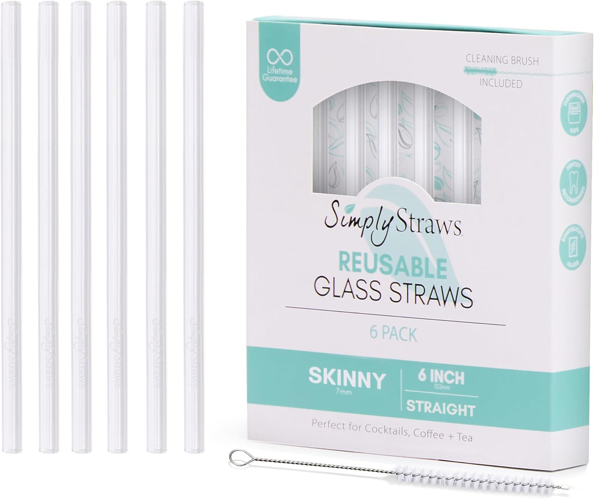 Simply Straws 6 Inch Skinny Glass Straws (6-Pack) - Reusable Cocktail Straws for Mixed Drinks, Low Balls, Coffee & Tea, with Cleaning Brush – Dishwasher Safe, Hot & Cold Use, BPA-Free (Air)