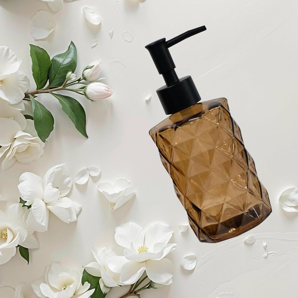 12Oz Small Glass Soap Dispenser with Black Plastic Pump, Brown Refillable Kitchen Countertop Liquid Hand Soap Dispensers with Diamond Design, Crystal Bathroom Lotion Bottle for Dispense Dish Soap