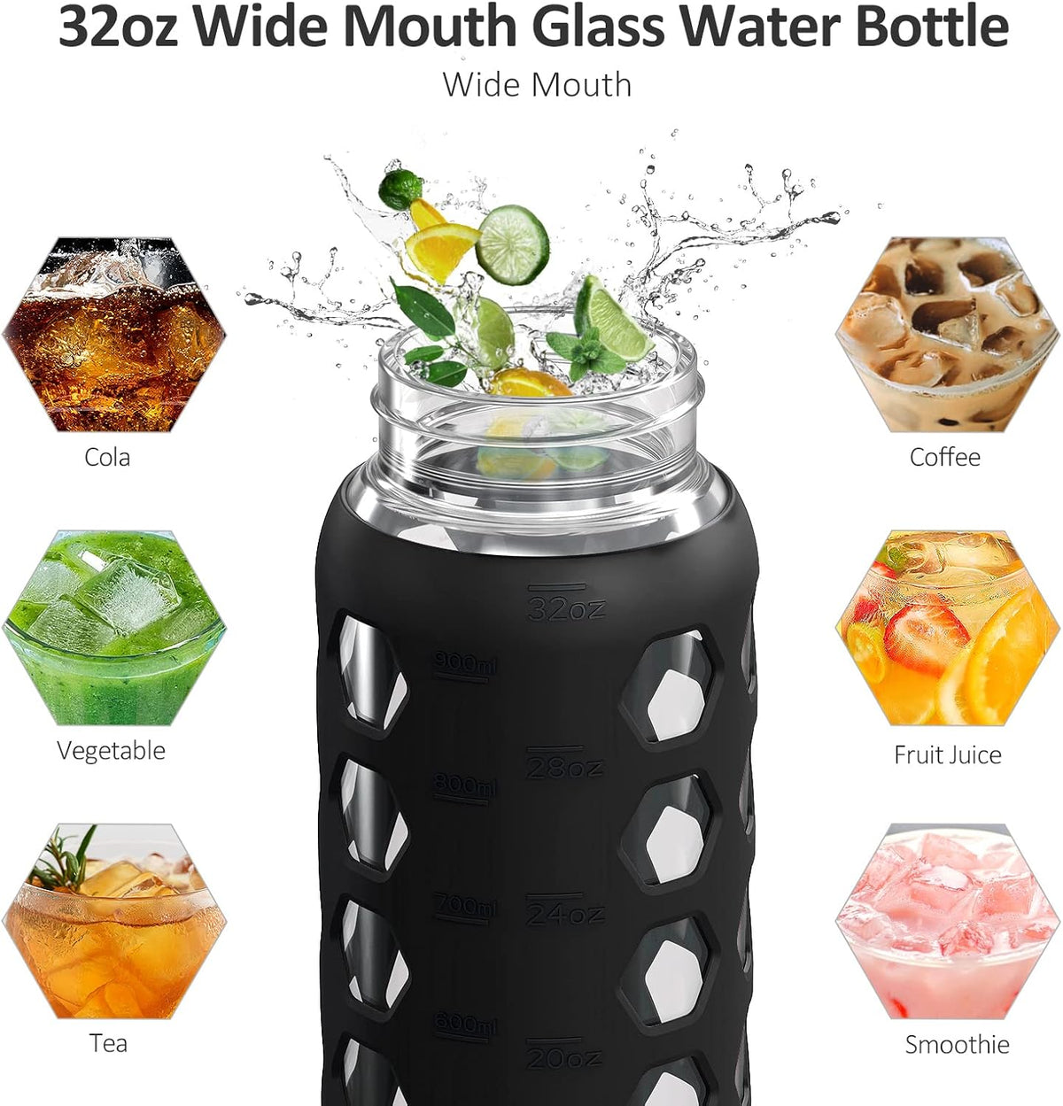 MUKOKO 32oz Glass Water Bottles with 2 Lids-Handle Spout Lid&Bamboo Straw Lid, Motivational Water Tumbler with Time Marker Reminder and Silicone Sleeve, Leakproof-Black-1 Pack