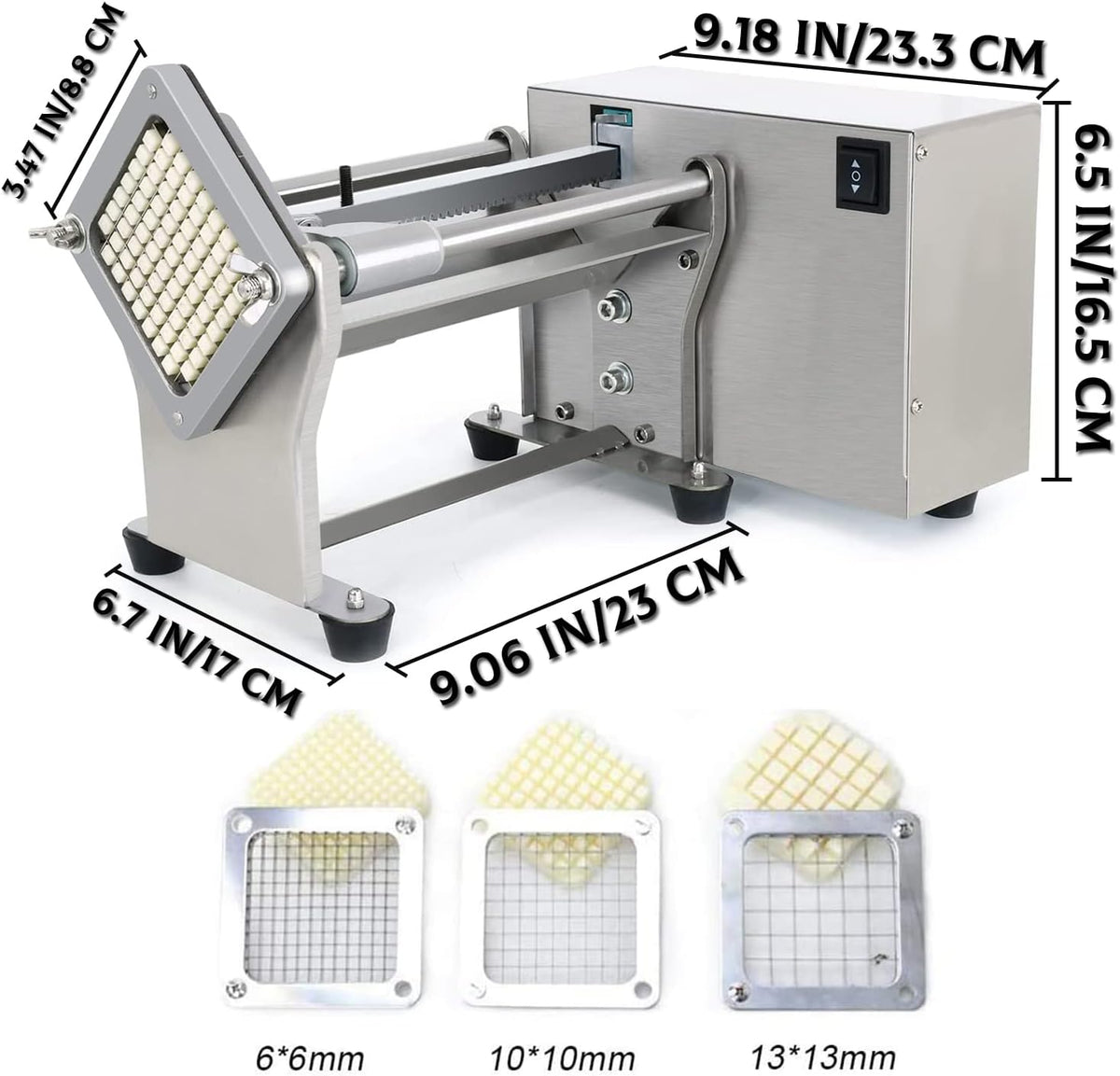 French Fry Potato Cutter Machine Electric Cutting Slicer Chipper Automatic Potato Cutter with 3 Sizes of Replaceable Blades Stainless Steel for Commercial Industrial Kitchen Restaurant Use
