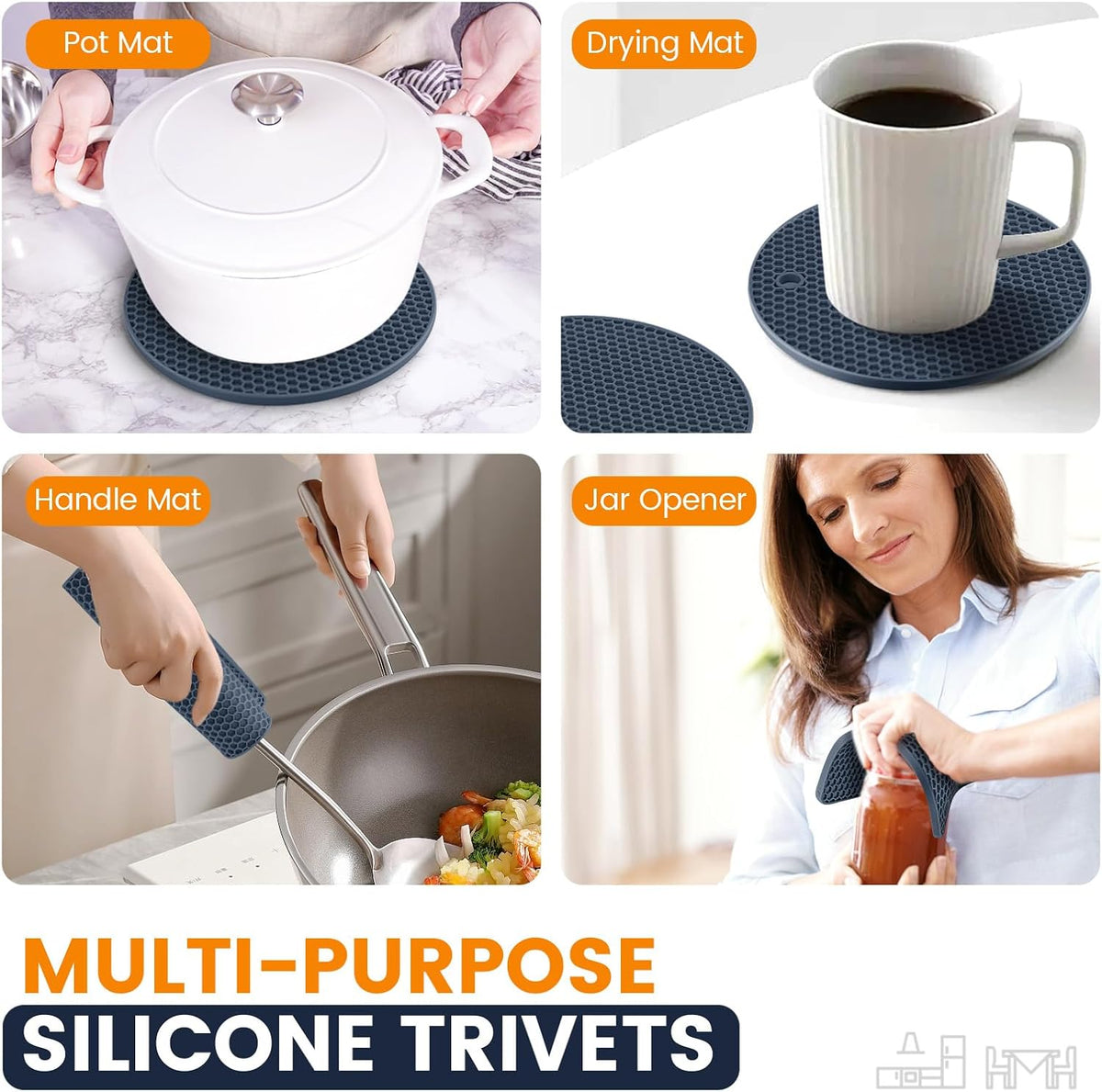 Silicone Trivet Mats 4 Heat Resistant Pot Holders Multipurpose Non-Slip Hot Pads for Kitchen Potholders, Drying mat, Jar Opener, Spoon Holder, Coaster(Navy Blue)