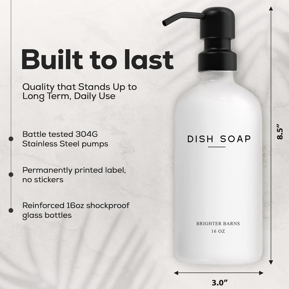 White Glass Hand and Dish Soap Dispenser Set by Brighter Barns - Kitchen Soap Dispenser & Stainless Steel Pump - Glass Bottles for Kitchen Sink - Farmhouse Home Decor, Bathroom Accessories (White)