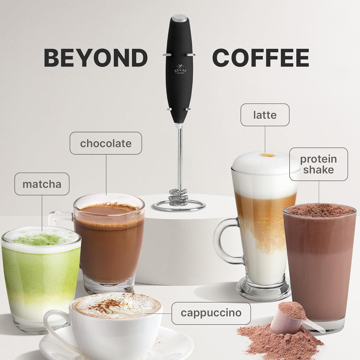 Zulay Kitchen Tornado Milk Frother Handheld Wand – Electric Coffee Frother with Triple Whisk & Stand – Hand Held Drink Mixer for Latte, Cappuccino, Matcha, Hot Chocolate, Protein Shakes – Black