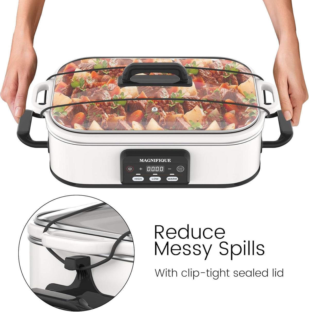 4 Quart Casserole Programmable Slow Cooker with Ceramic Baking Dish - Perfect Kitchen Small Appliance for Family Dinners, Oven Safe and Durable Bakeware for Lasagna, Roasts (White)