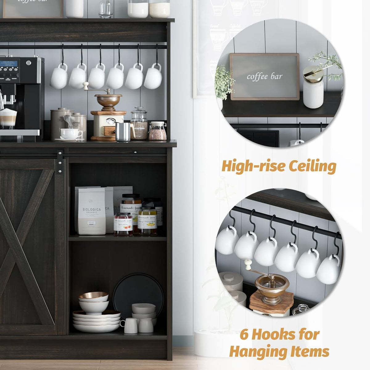4ever2buy Farmhouse Coffee Bar Cabinet with Hutch, 50 Inch Coffee Bar Hutch with Sliding Barn Door & 6 Hooks for Living Dining Room, Dark Oak