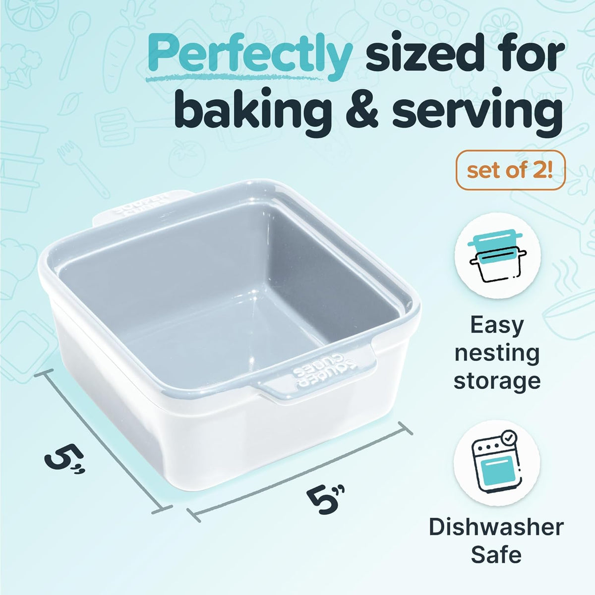 Souper Cubes Stoneware - 5" x 5" Baking Dishes for Oven with Silicone Covers, Premium Mini Ceramic Baking Dishes, Perfect for Reheating Individual Portions in Oven or Microwave, Set of 2 - White