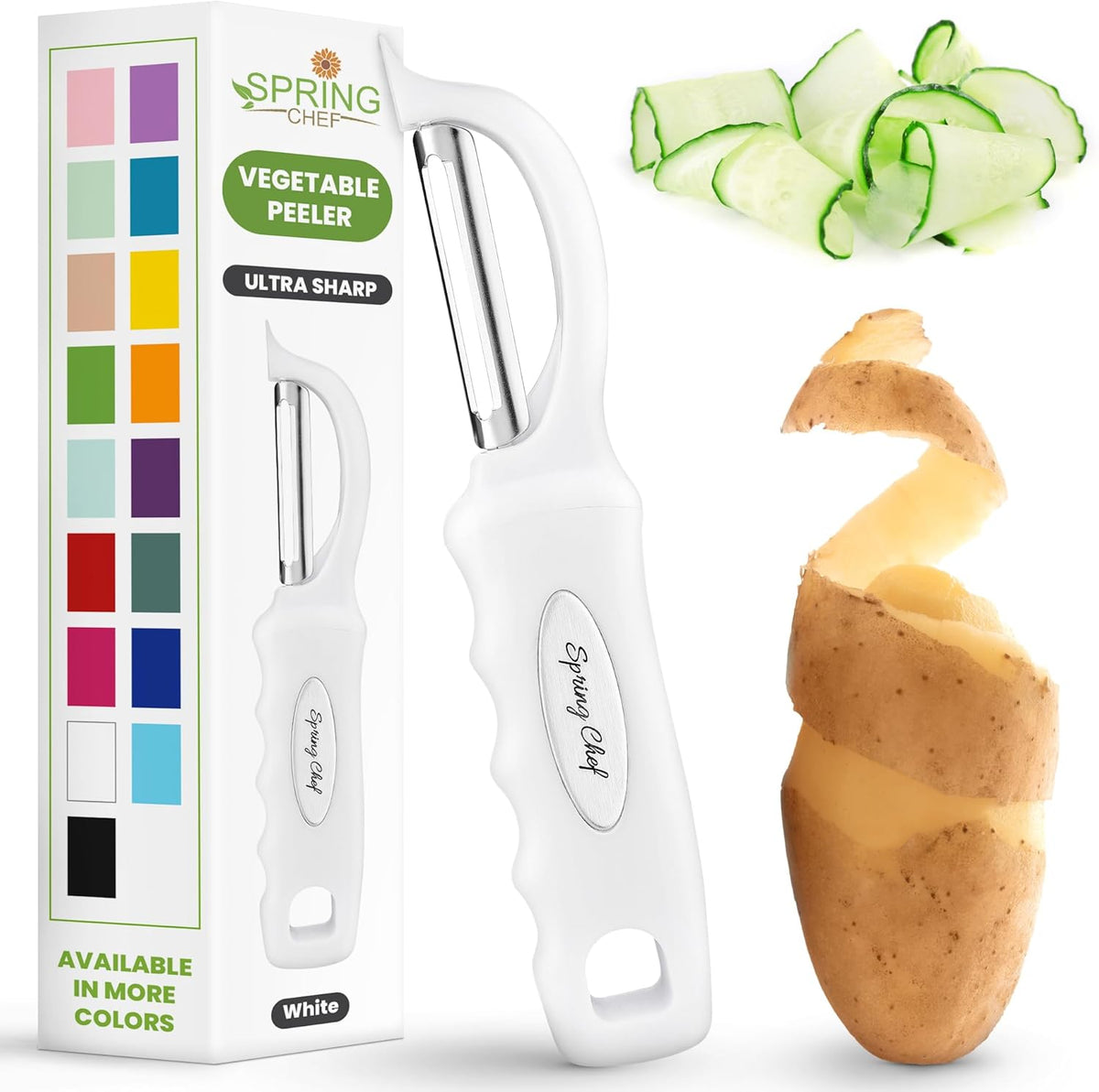 Spring Chef Premium Swivel Vegetable Peeler, Comfrotable Handle and Ultra Sharp Stainless Steel Blades - Perfect Kitchen Peeler For Veggie, Fruit, Potato, Carrot, Apple - White