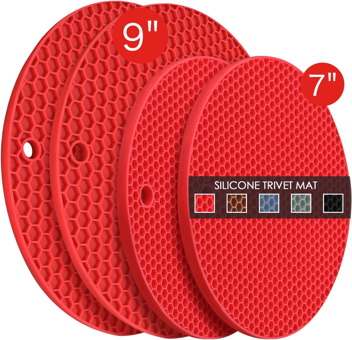 Silicone Trivets for Hot Pots and Pans - 4PCS Heat Resistant Oversized Silicone Pot Holders Hot Pads for Kitchen, Multipurpose Round Trivet Mat, Spoon Holder & Jar Opener, Drying Mat（Red）