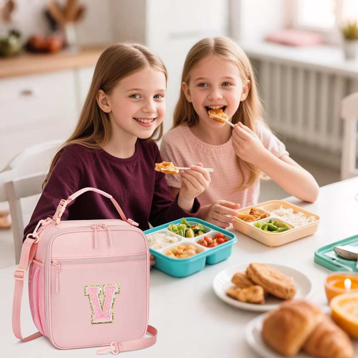 Initial Insulated Lunch Bag for Girls Kids, Back to School Gift, Reusable Leak-proof Lunch Box with Adjustable Strap for School Daycare Travel Picnic (Pink,V)