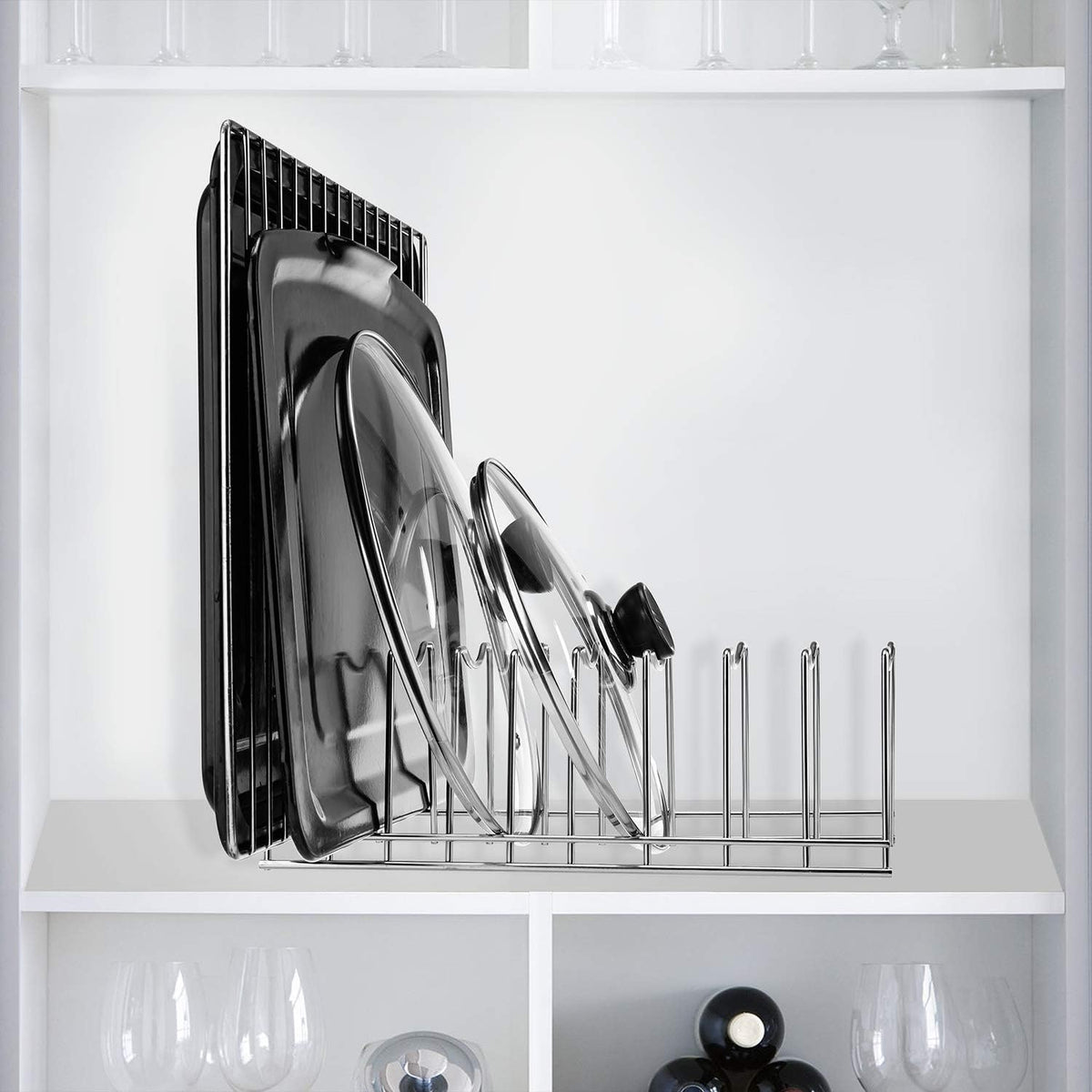 Pot Lid Organizer, Kitchen Pot Lid Rack Holder, Rest Cutting Board, Baking Sheet, Pots & Pans, Serving Trays, Stainless Steel (Silver, 2)