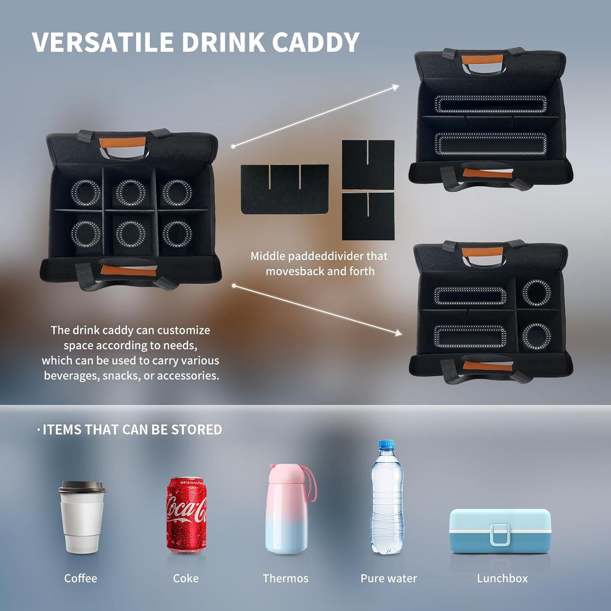 Reusable 4/6 Cup Drink Carrier with Handle and Adjustable Dividers, Insulated Caddy for Take Out, Foldable Coffee Cup Holder for Hot & Cold Drinks (Black, 6 Cups)