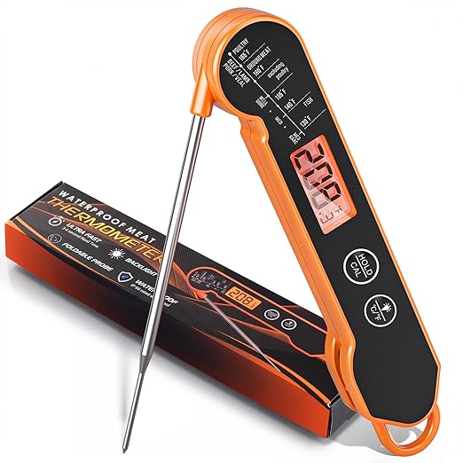Meat Thermometer Digital with Backlight, Calibration & Hold Function, IP65 Waterproof Food Thermometer for Cooking, Outdoor Grilling, Candy Making
