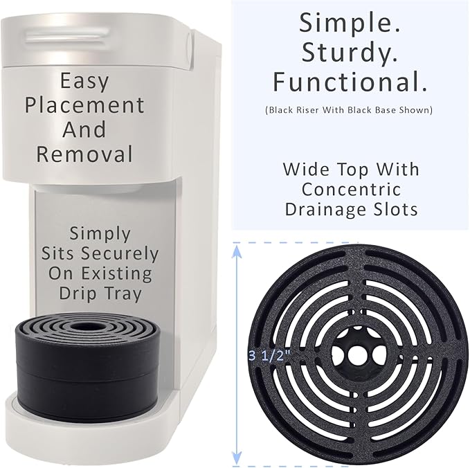 Elevate Anti-Splash Cup Riser Accessory for most Keurig K-cup, Cuisinart Single Serve, and other Coffee Makers, Adjustable for Cup Size and Drip Tray Type (Black with Light Gray Base)