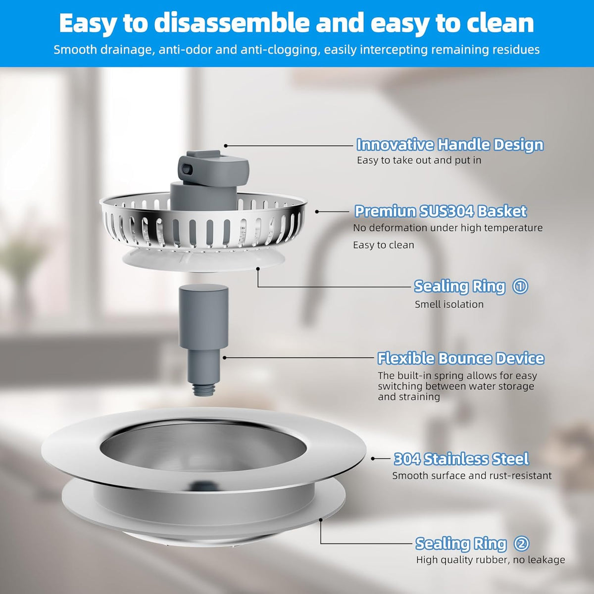 Hibbent 3 in 1 Kitchen Sink Drain Strainer, Stainless Steel Drain Stopper Combo, Pop Up Sink Stopper, Anti-Clogging Metal Basket Strainer with Handle for US Standard 3-1/2" Drain