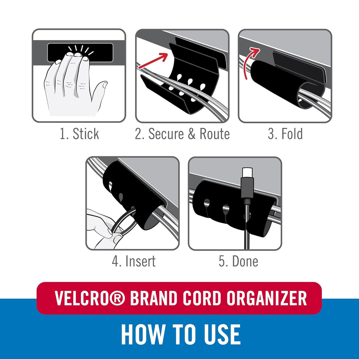VELCRO Brand Cord Organizer for Desk & Nightstand, 5 Cable Slots with Sleeve Routing, Adhesive Wire Holder for Cord Management, Home, Workshop, Gaming & Office Essentials, Black 2 Pack