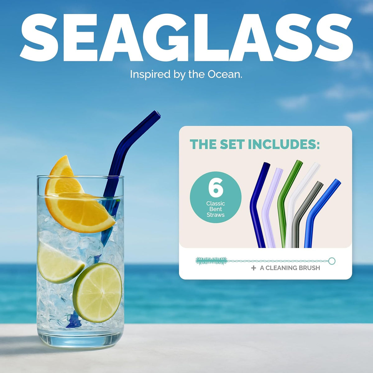 Simply Straws 10 Inch Glass Straws Bent (6-Pack) – Reusable Glass Straws for 24 Oz Mason Jars & Tumblers, with Cleaning Brush – Durable, Dishwasher Safe, Hot & Cold Use, BPA-Free (Seaglass)