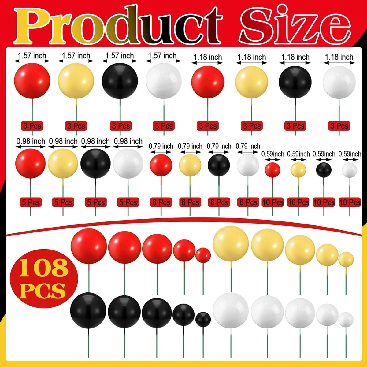 108 Pcs Balls Cake Topper DIY Cupcake Insert Foam Balloons for Cake Baking Wedding Anniversary Birthday Decoration(Classic Colors,Multi Sizes)