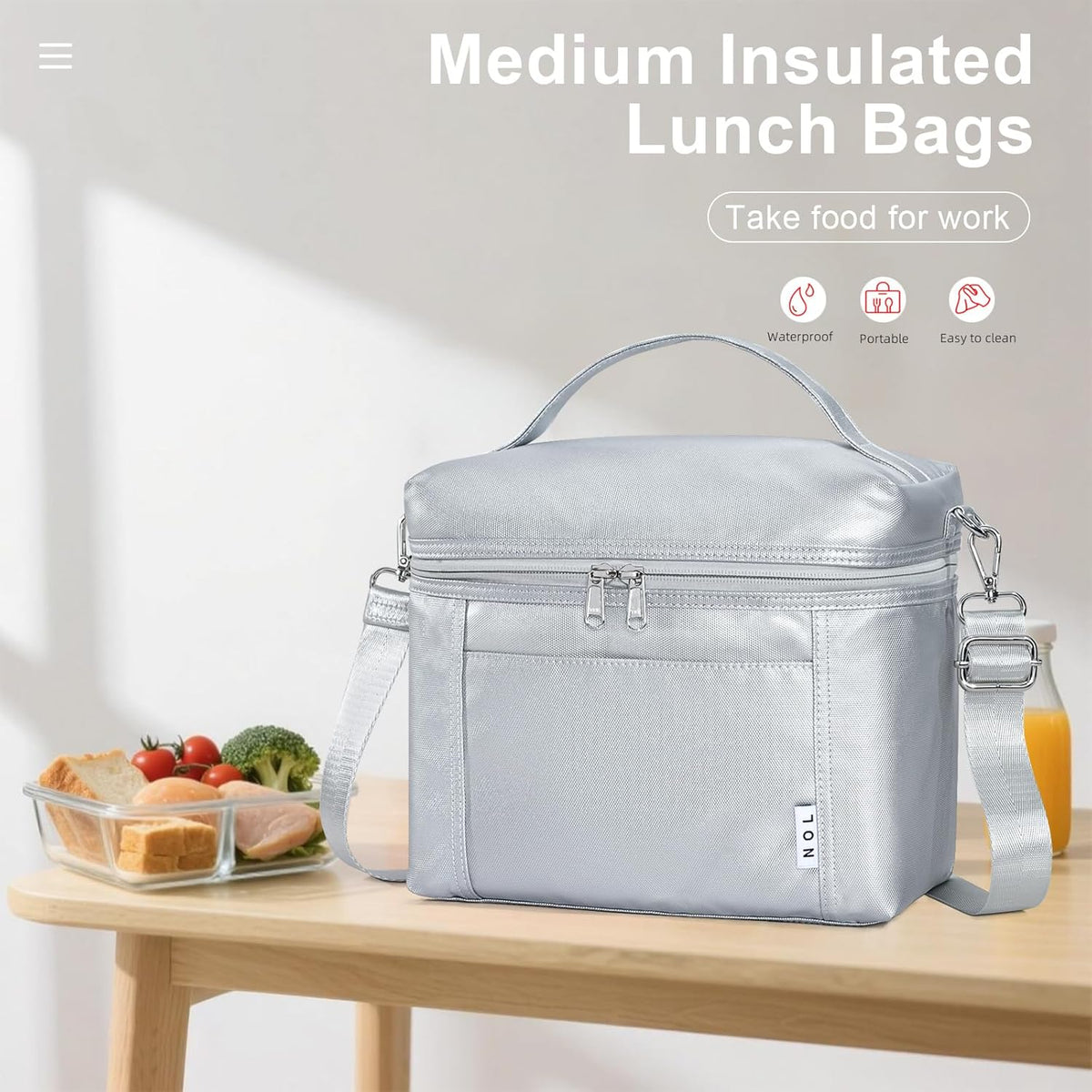 NOL Natural Organic Lifestyle Insulated Lunch Bags for Women Cooler Bag Lightweight Nylon Waterproof Lunch Box For Work (Silver, Medium(normal))