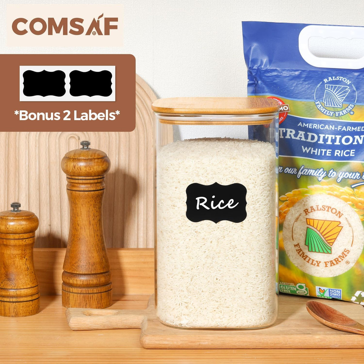 ComSaf 148 oz Glass Food Storage Containers, 1.2 Gallon Glass Flour and Sugar Containers with Lids, Large Square Glass Jars with Bamboo Lids for Rice, Pasta, Oats, Grains, Cookies, Coffee Beans