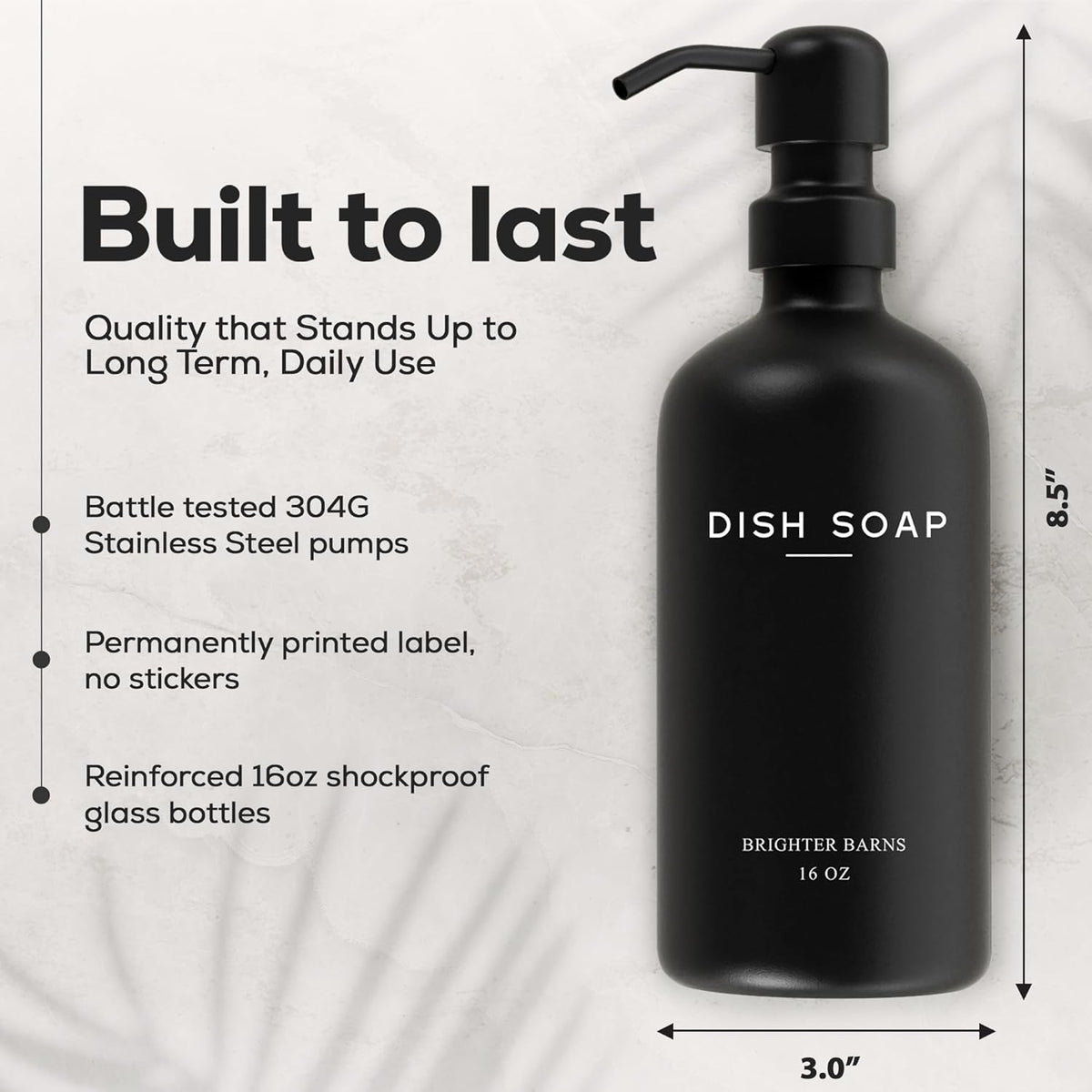 Luxury Glass Hand and Dish Soap Dispenser Set by Brighter Barns - Kitchen Soap Dispenser Set with Stainless Steel Pump for Kitchen Sink - Neutral Modern Farmhouse Home Decor for Airbnb (Black/White)