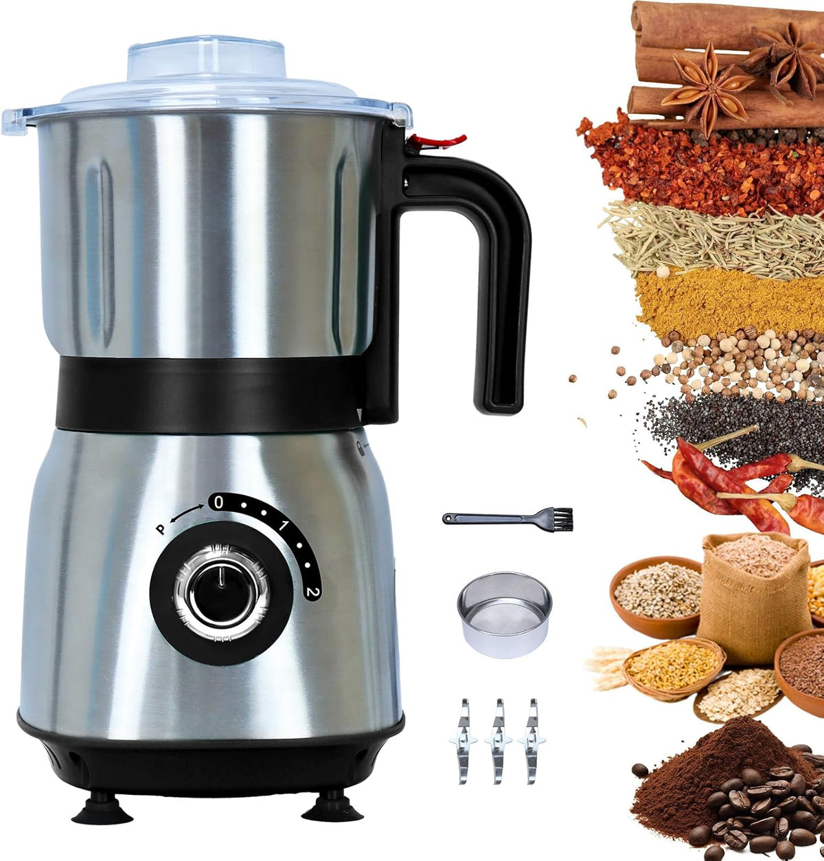 Versatile Kitchen Grinder | 500W Electric Mill | Grinds Spices, Nuts, Grains, Coffee | 3 Stainless Steel Blades | Wet & Dry Use (Black)