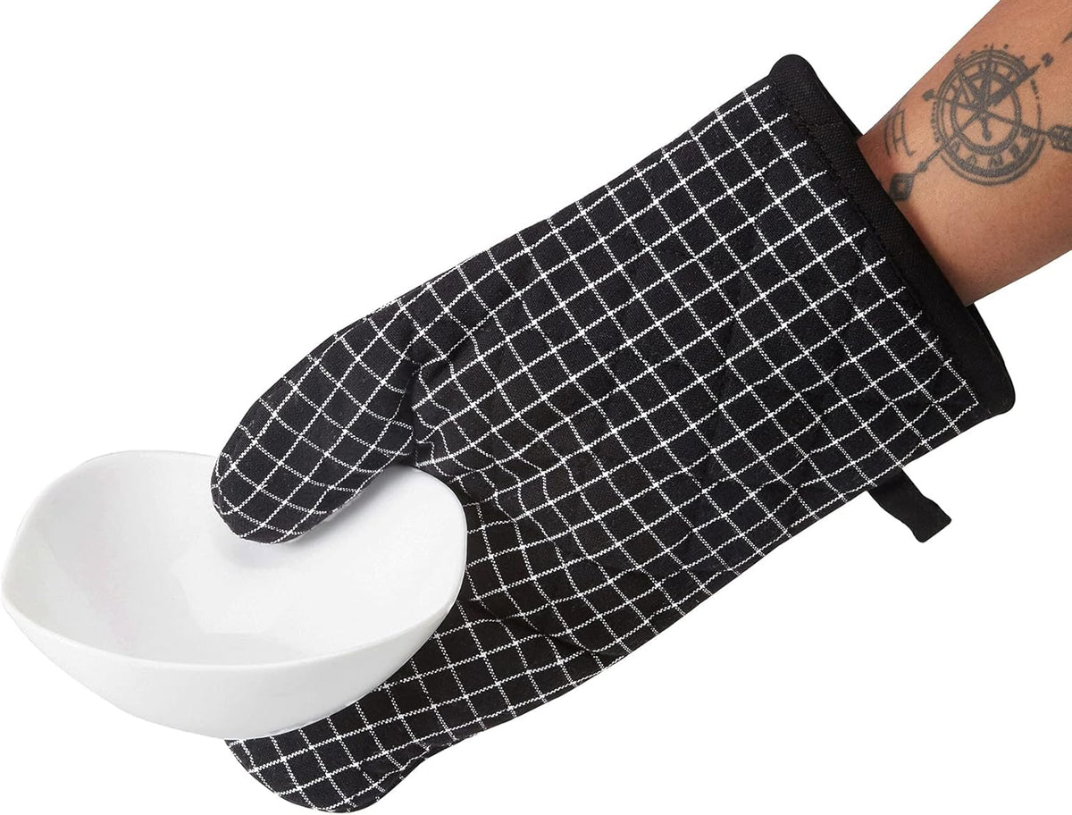 Encasa XO Long 12"x7" Oven Microwave Hand Gloves Mitts (2 pc Set) for Kitchen Cooking & Baking - Heat Resistant, Thick & Safe, Protection of Hands from Hot Utensils - Butcher Checks Black