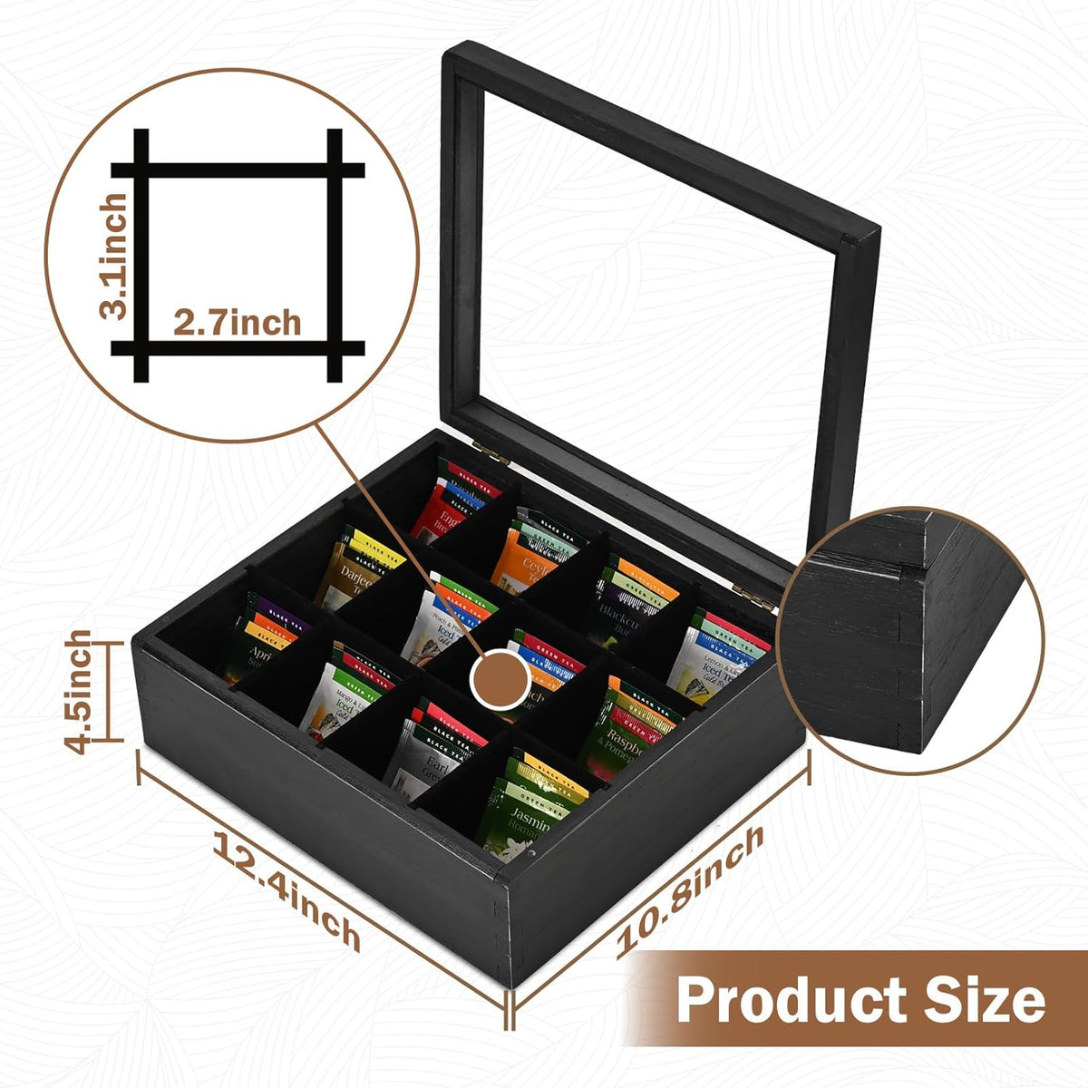 Wood Big Black Tea Bag Organizer Storage Box 12-Compartment Multi-Functional Box,Vintage Tea Case.