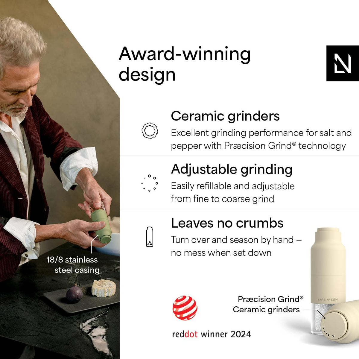 LARS NYSØM Salt and Pepper Grinder Set, Stainless Steel Manual Salt and Pepper Mills, Adjustable Ceramic Grinder, Design Spice Shakers (Almond Beige)