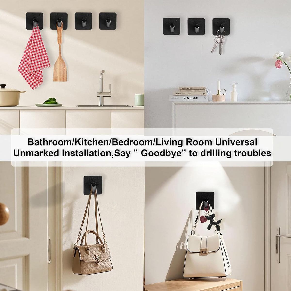 Aluminum Wall Hooks, No Drill Damage-Free Adhesive Hook,Product for Hanging Heavy Duty for Bathroom Kitchen Home (Slanting Square Black Hook, 4)