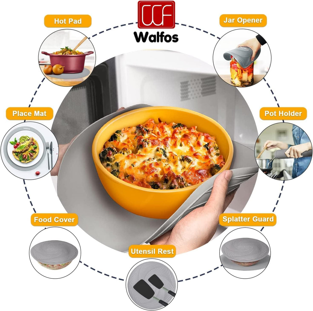 Walfos Silicone Microwave Mats, Heat Resistant Multi-Purpose Microwave Trivet Mat, Non-Slip Hot Pads, BPA Free Silicone Mats for Microwave, Oven, Hot Pan, Pot (Grey)