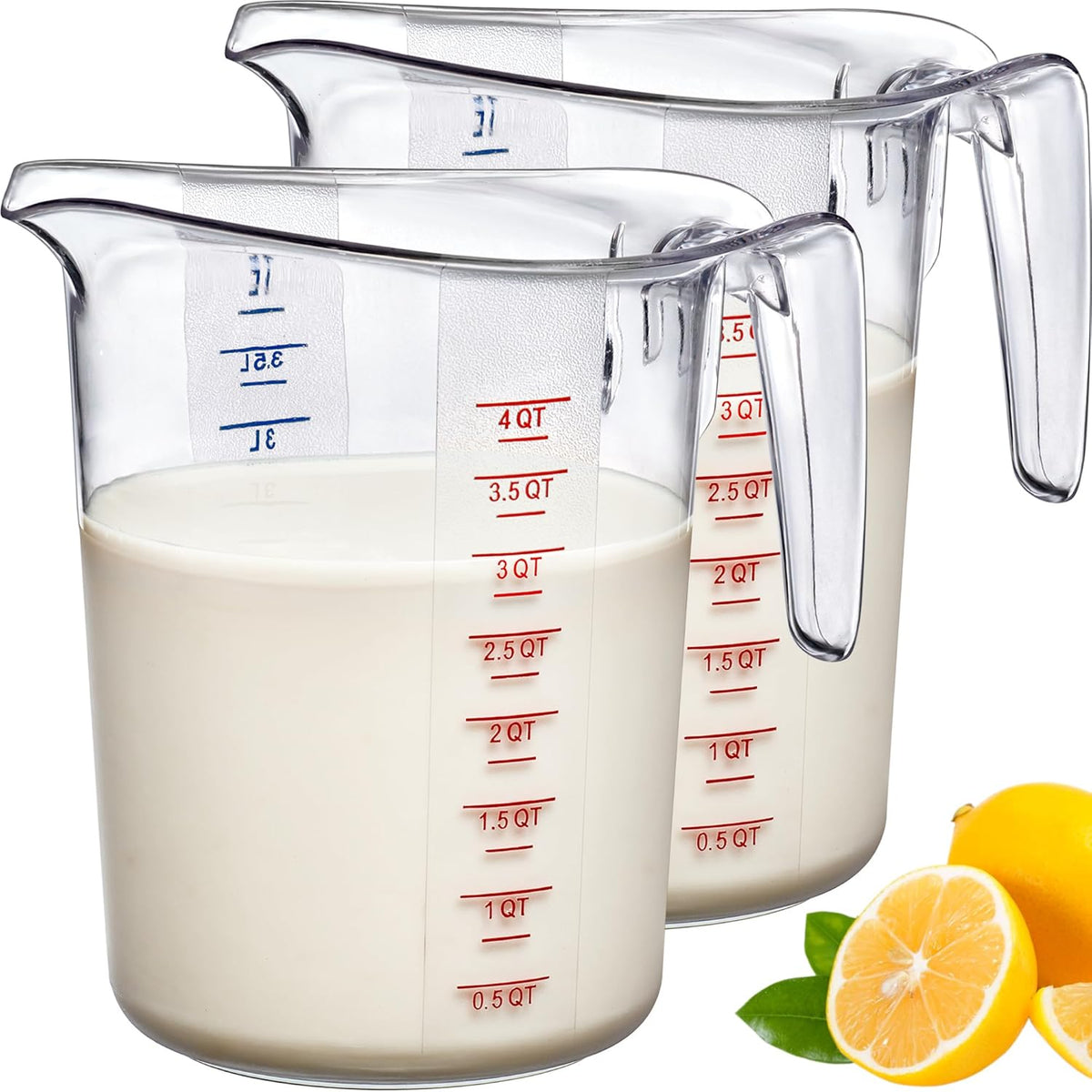 Amazing Abby - Melissa - 128-Ounce Plastic Measuring Pitcher (2-Pack), 16-Cup (4-Quart) Food-Grade Measuring Jug, Unbreakable, Stackable, Dishwasher-Safe, Great for Oil, Vinegar, Flour, and More