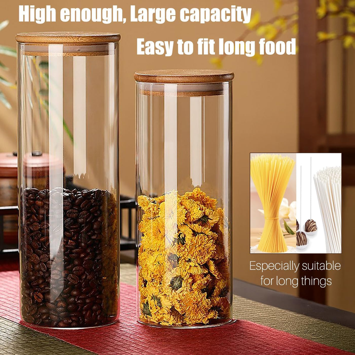 66 oz Glass Food Storage Jars with Airtight Lids, Tall Clear Glass Jar with Bamboo Lid, Airtight Food Canister for Pasta, Candy, Coffee, Sugar, Cookie, Snack. (Round | 10+11 Inch)
