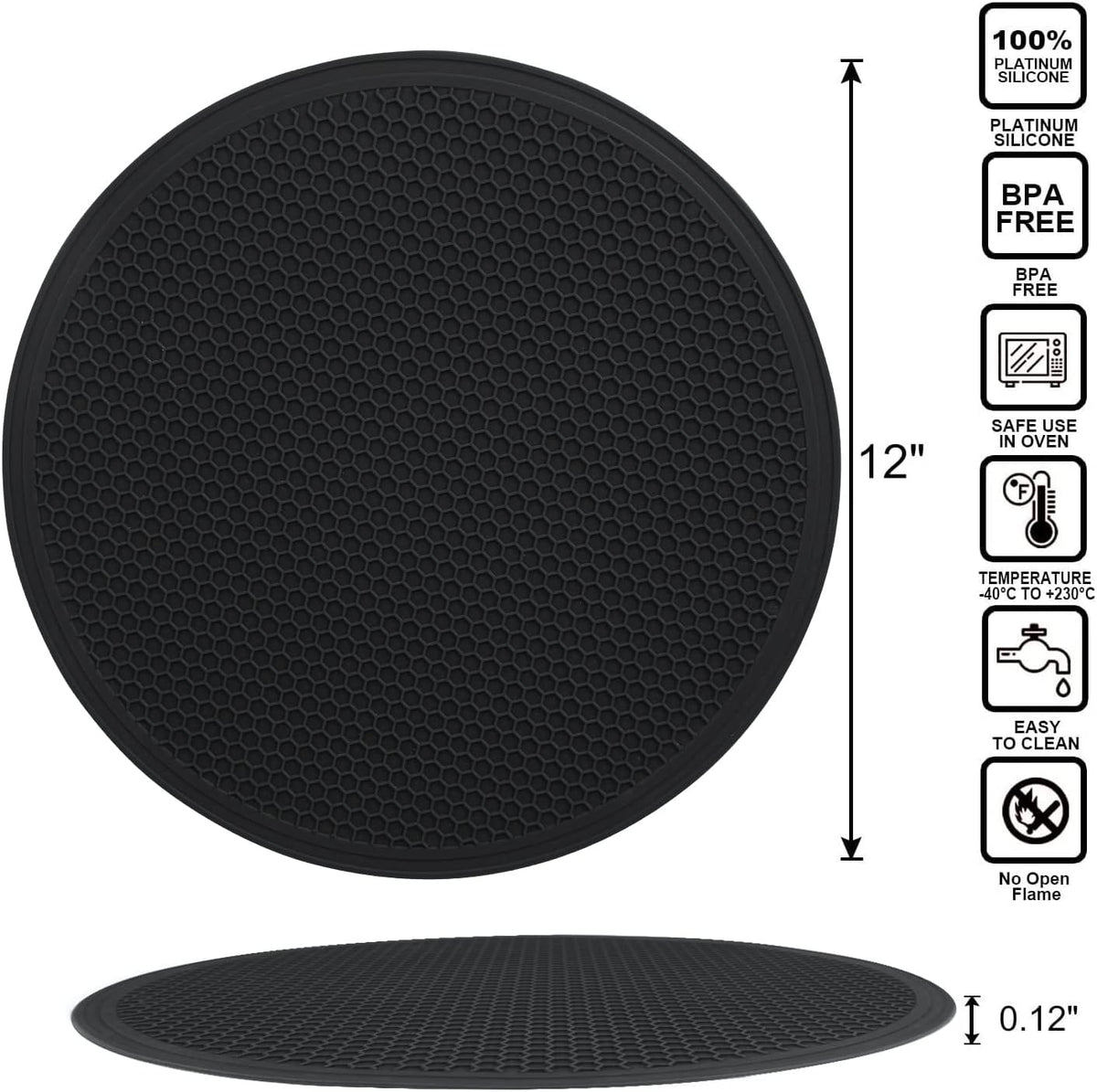 Silicone Microwave Mats, 12" Extra Large Multi-Use Microwave Mat Heat Resistant Silicone Trivet Mat Pot Holders Hot Pads for Kitchen, Silicone Cover Pad for Microwave Oven Hot Pot Pans, Black 2Pack