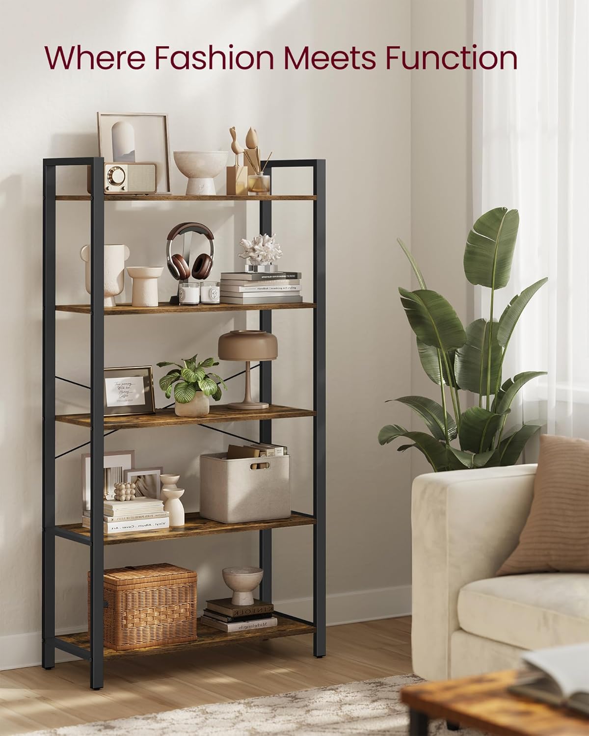 VASAGLE 5-Tier Bookshelf, Bookcase with Steel Frame, Book Shelf for Living Room, Home Office, Study, 11.8 x 31.5 x 60.2 Inches, Industrial Style, Rustic Brown and Ink Black ULLS081B01