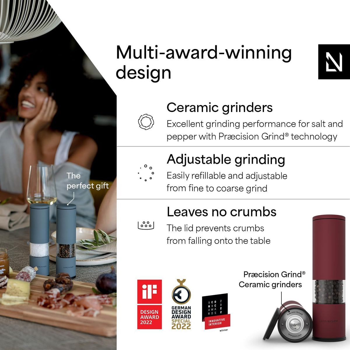 LARS NYSØM Salt and Pepper Grinder Set Manual, Stainless Steel Salt and Pepper Mills with Adjustable Ceramic Grinder I Design Spice Shakers (Berry Red)